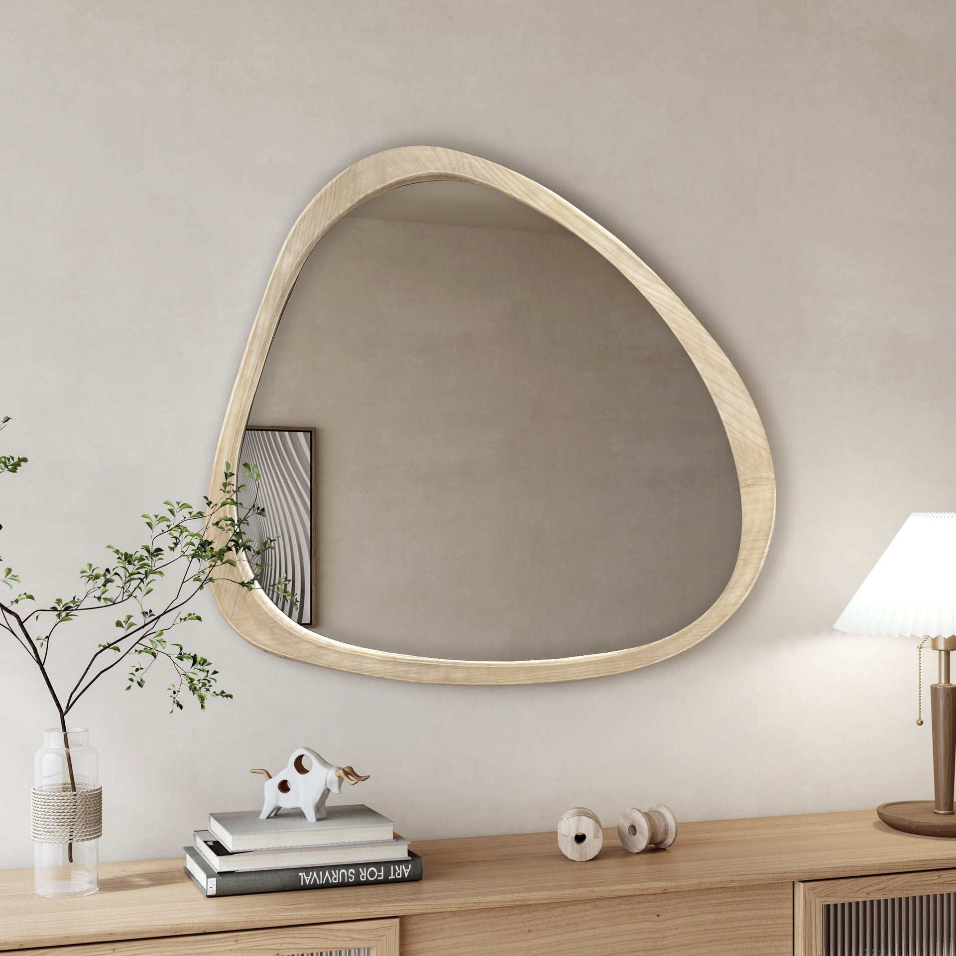 Solid Wood Mirror 45 Inch Asymmetrical Wall Mirror Wooden Framed Mirror Large Sized Dressing Mirror, for Living Room, Bedroom, Bathroom, Hallway or Entry Way, Natural Wood Washed