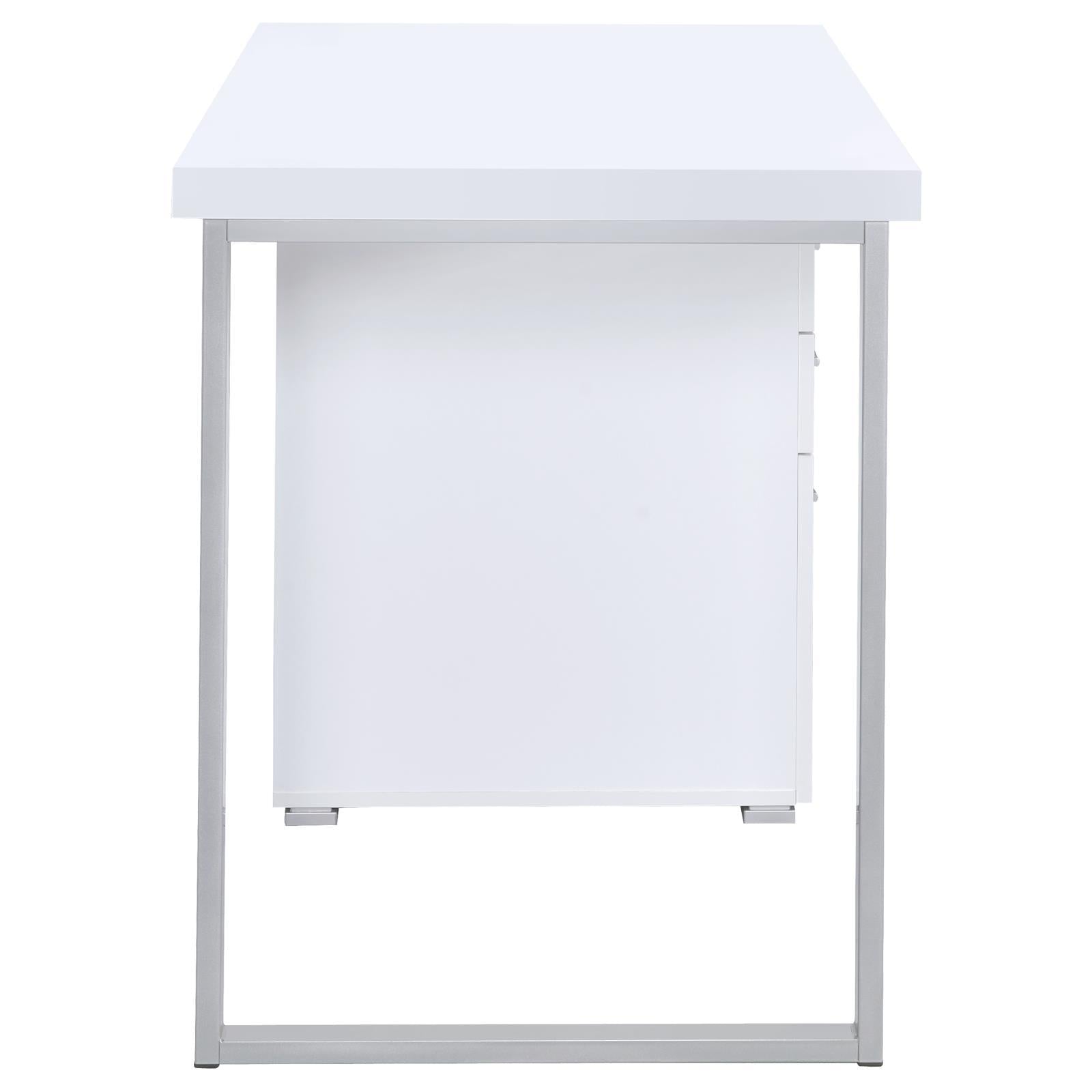 Back view of White 3-drawer Reversible Office Desk with solid panel and metal frame, suitable for open or wall-facing office setups.