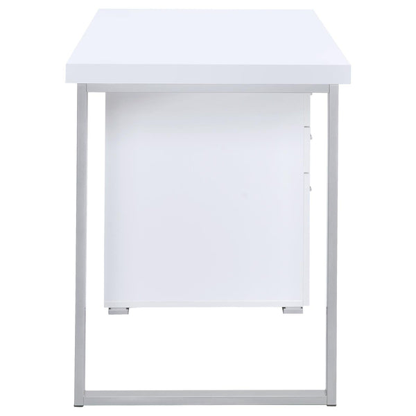 Back view of White 3-drawer Reversible Office Desk with solid panel and metal frame, suitable for open or wall-facing office setups.
