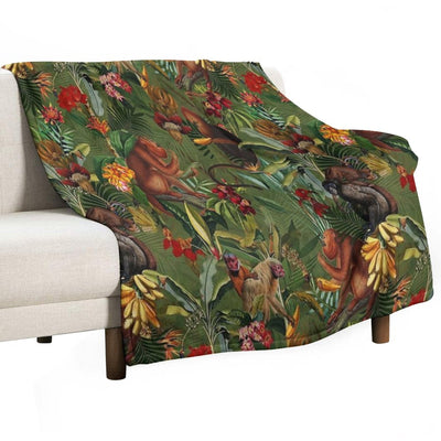Tropical Monkey Jungle Pattern - Dark Green Botanical Night Garden Nightgarden Plush Throw Blanket