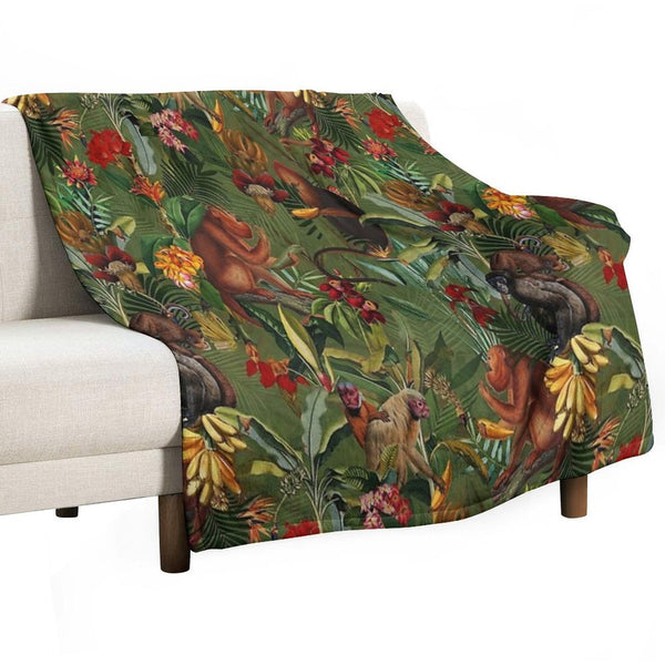 Tropical Monkey Jungle Pattern - Dark Green Botanical Night Garden Nightgarden Plush Throw Blanket