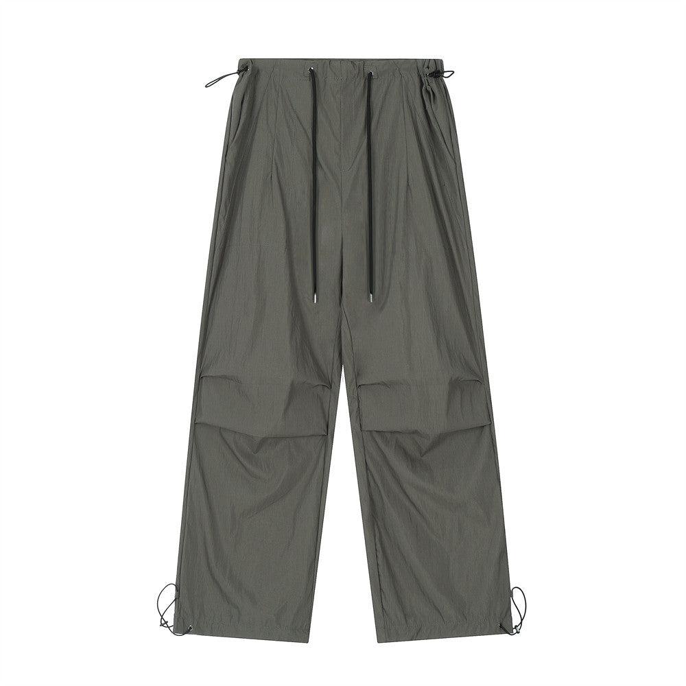 Wrinkled Casual Straight Cargo Pants Men's American Loose Solid Color Thin Sports Drawstring Cuffed Long Trousers