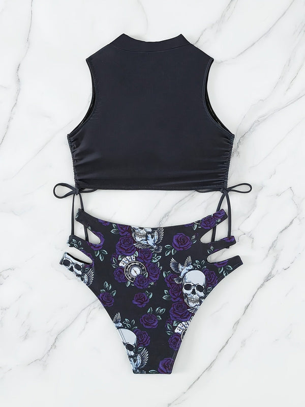 Bikini Skull Print Hollow-Out 2 Piece Swimsuit for Women – Sexy Lace-Up Floral Tie Bathing Suit with Crew Neck – High Stretch Halloween Inspired Bikini Set for Beach Party, Festival, and Summer Vacation