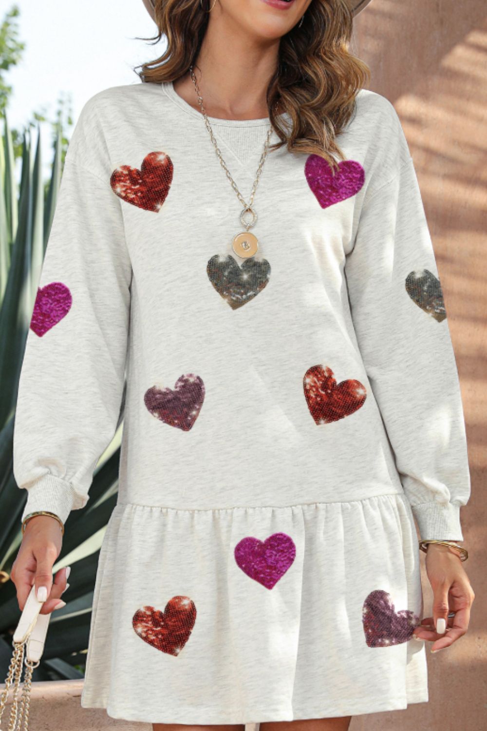 Cute Heart Round Neck Long Sleeve Mini Dress Stylish Dress for Women Girls Simple Charming Dress