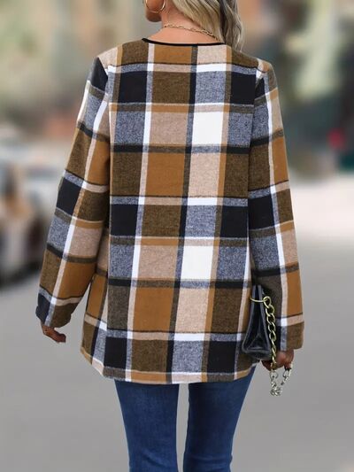 Elegant Plaid Open Front Long Sleeve Jacket Stylish & Cozy Lightweight Breathable Outerwear