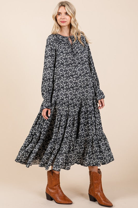 Printed Tie Neck Flounce Sleeve Midi Dress For Women – Fluttering, Feminine and Playful Midi Dress with Ruffled Details