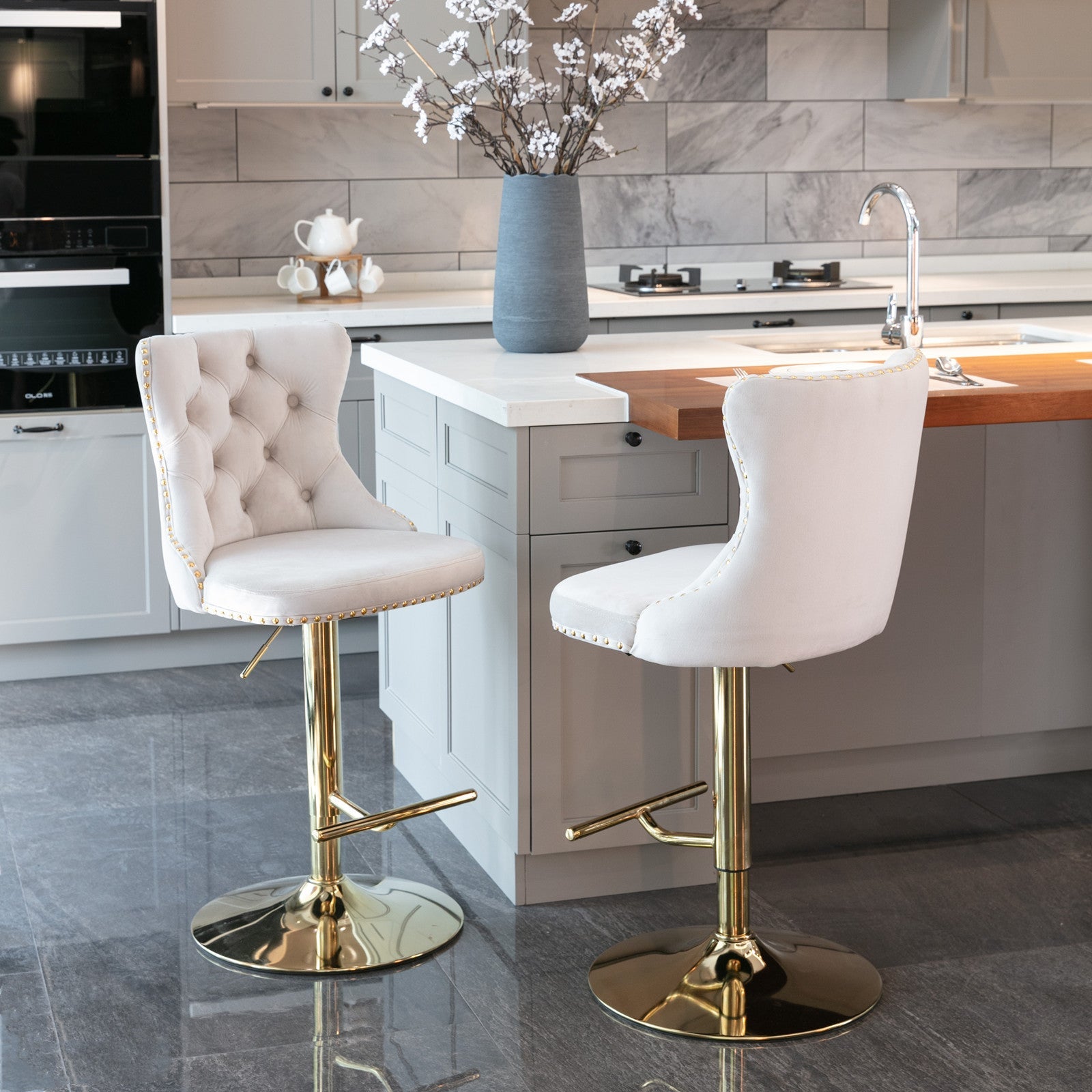 Golden Swivel Velvet Adjustable Barstools with Backs Upholstered Tufted for Home Pub