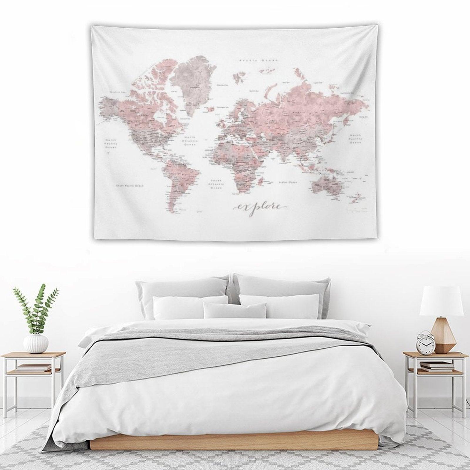 Explore - Dusty Pink And Grey Watercolor World Map, Detailed Tapestry