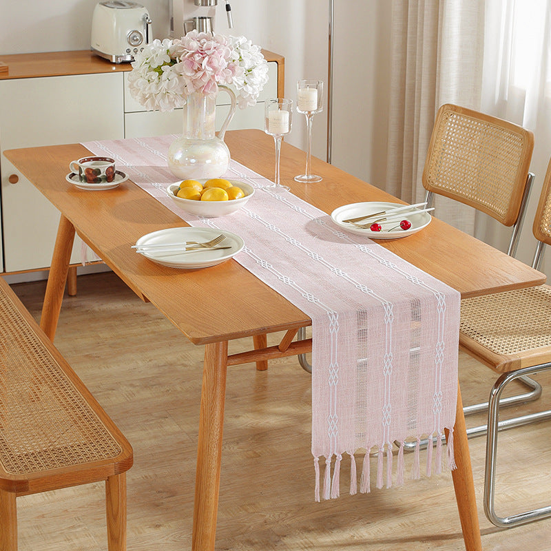 Hand - woven cotton and linen table flag with hollow tassels, suitable for household and rural dining tables