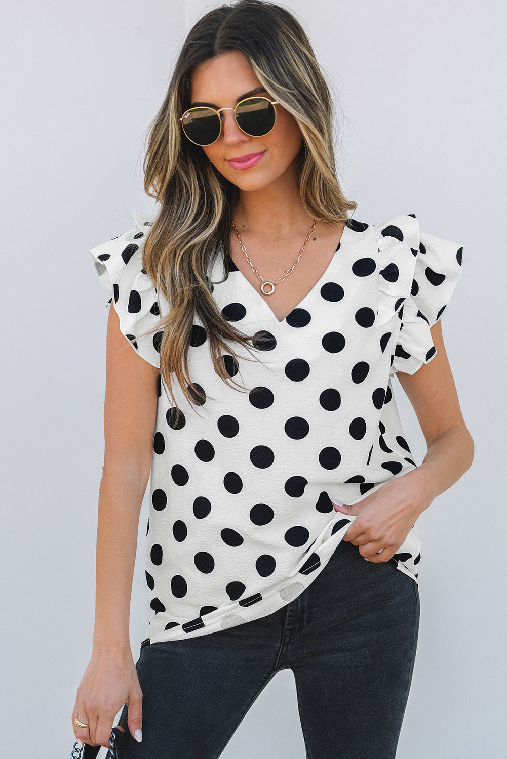 Halo Polka Dot Ruffled Sleeve V Neck Blouse