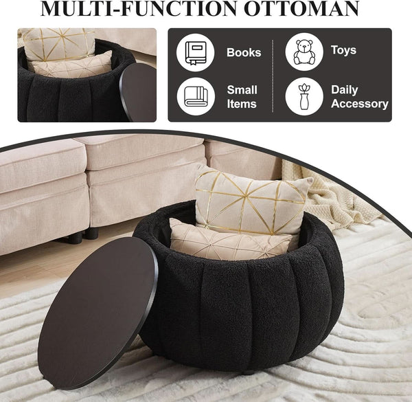 30 Inch Round Profile Teddy Fabric Hidden Storage Ottoman