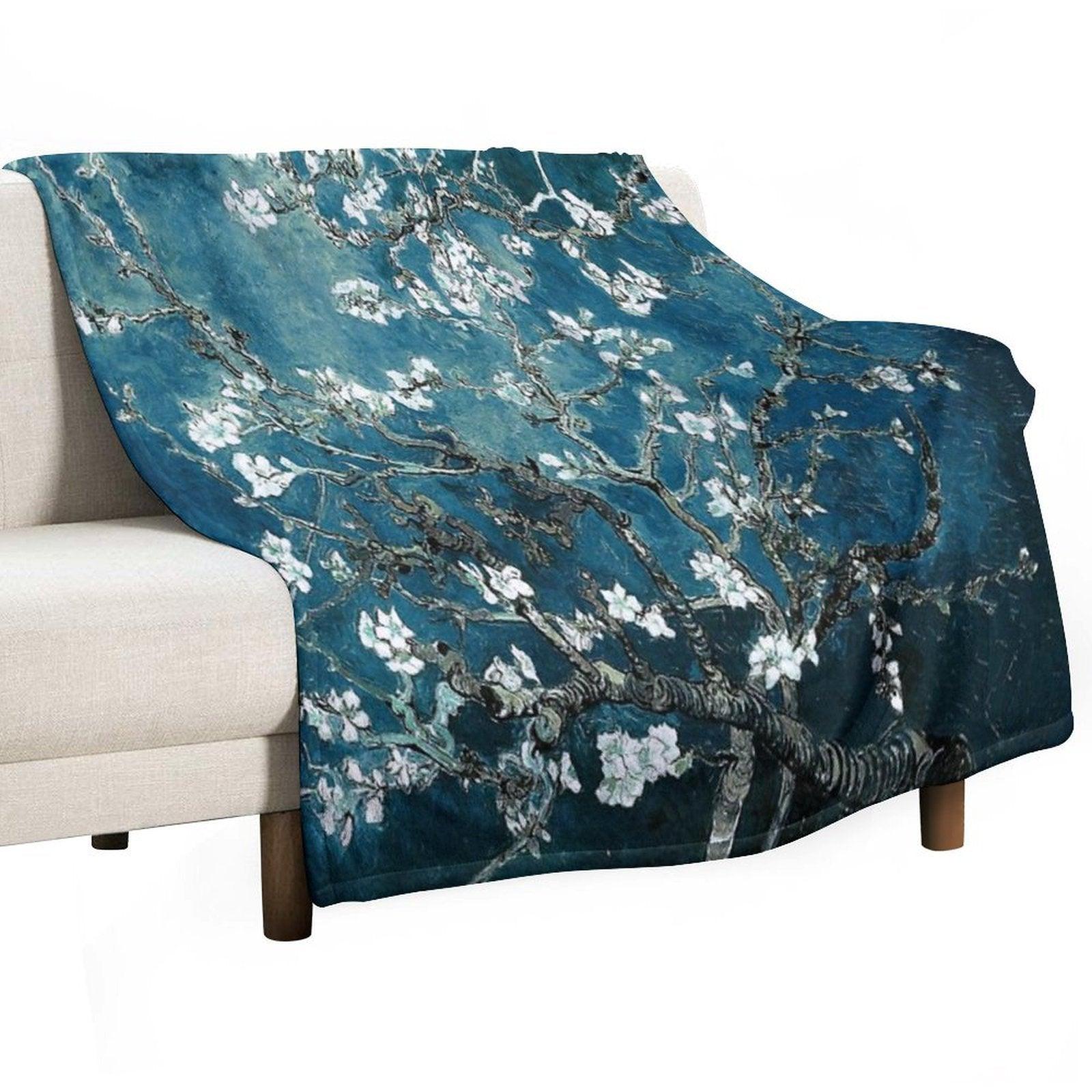Van Gogh Almond Blossoms Dark Teal Throw Blanket