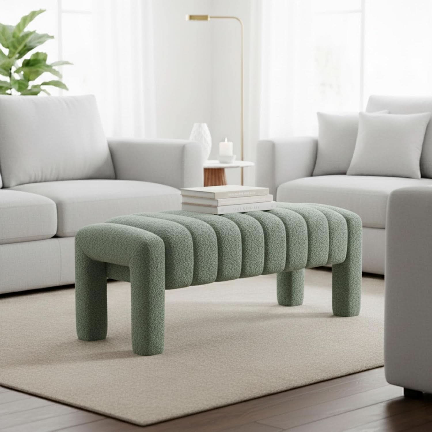 42.5 Inches Upholstered Ottoman Bench Boucle Fabric