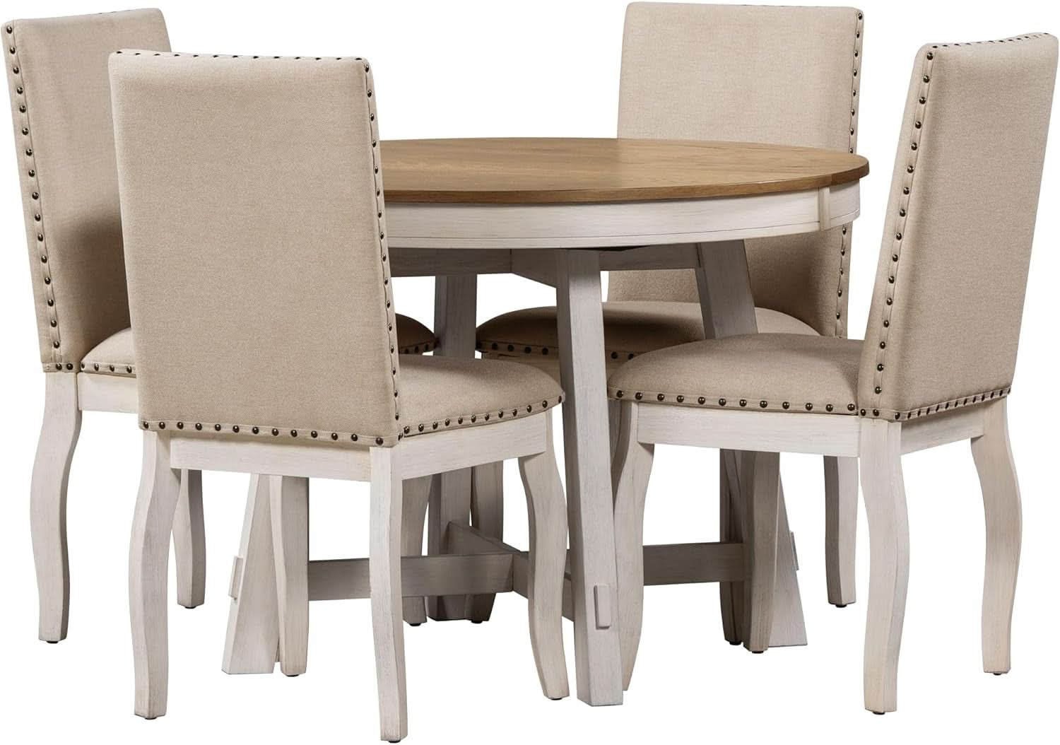 Farmhouse Round Extendable Dining Table Set Oak Finish with Upholstered Chairs