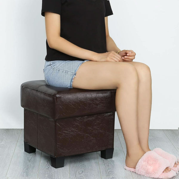 Brown PU Leather Storage Ottoman Featuring CushionedTop