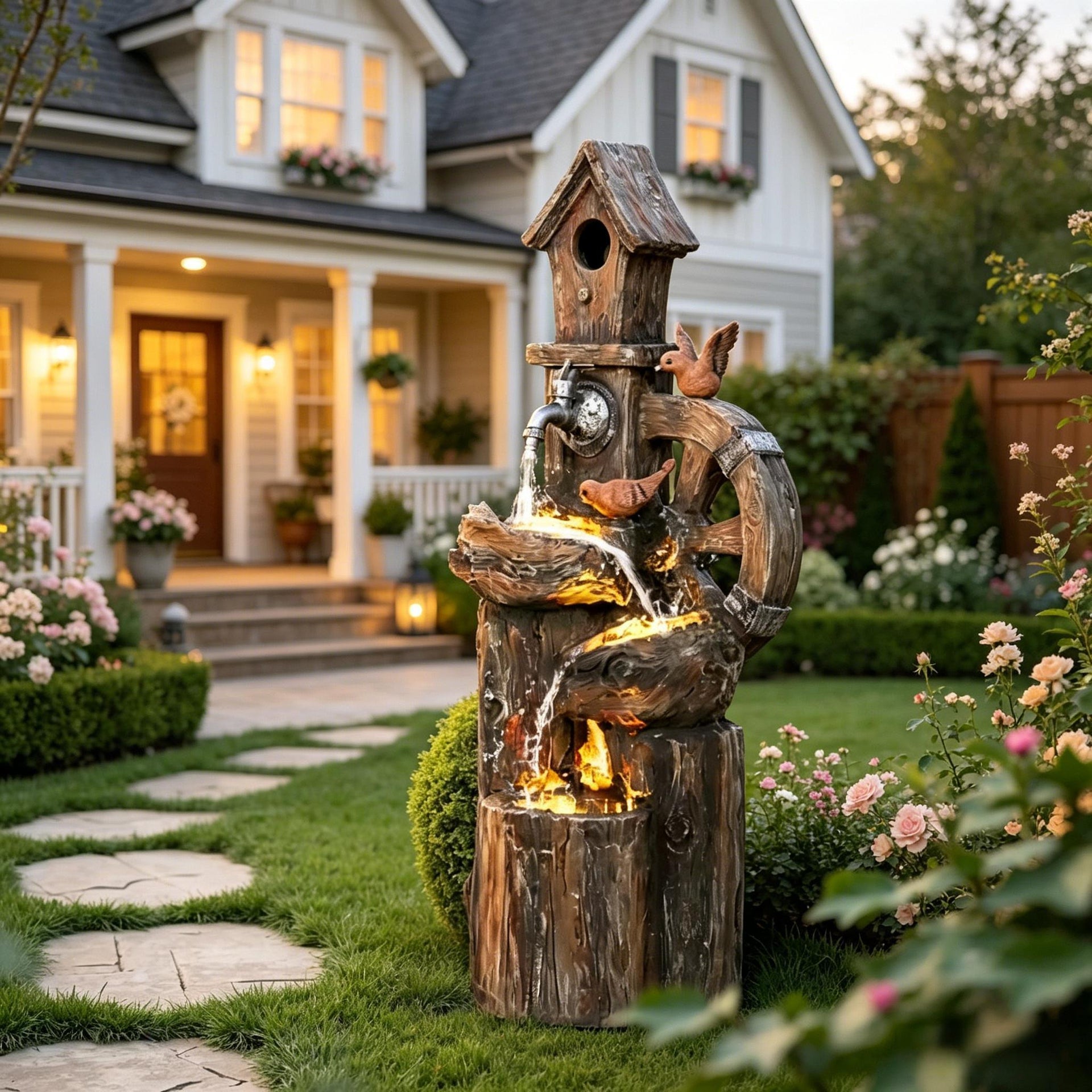 Resin Rustic Outdoor Fountain Birdhouse and Iron Tap