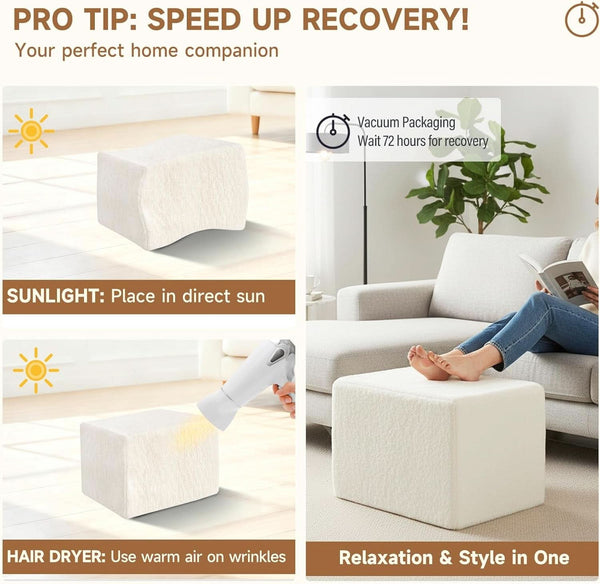 Cream Square Luxurious Upholstered Foam Pouf Ottoman