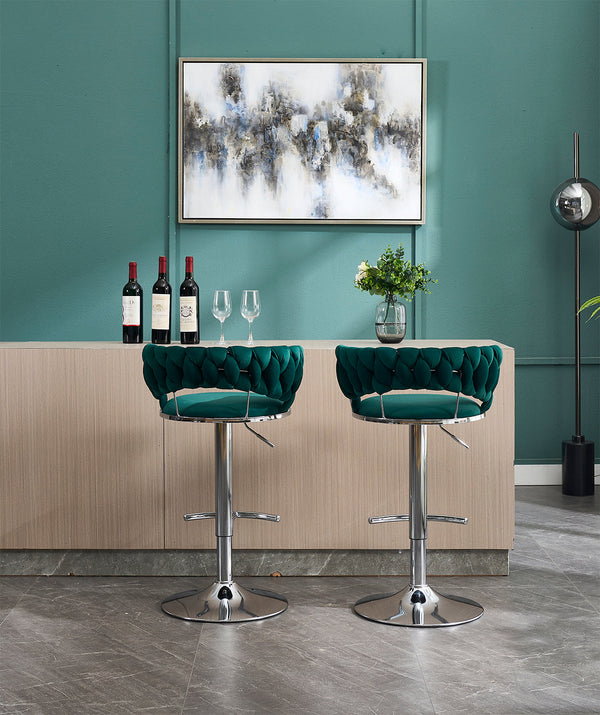 Set of 2 Bar Stools with Chrome Footrest & Base Swivel Height Adjustable Velvet