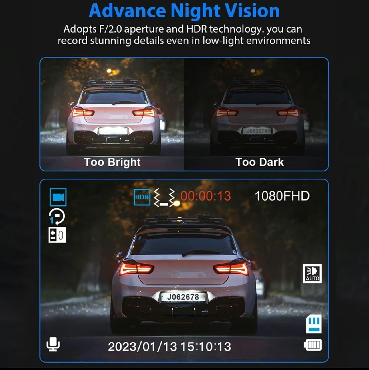 3-Camera Dash Cam – Front, Rear & Inside Car Recorder with WiFi & Night Vision