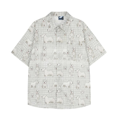 Digital Full Print Cartoon Dog Plaid Short Sleeve Shirt Loose Casual Turn-Down Collar Summer Shirt for Men
