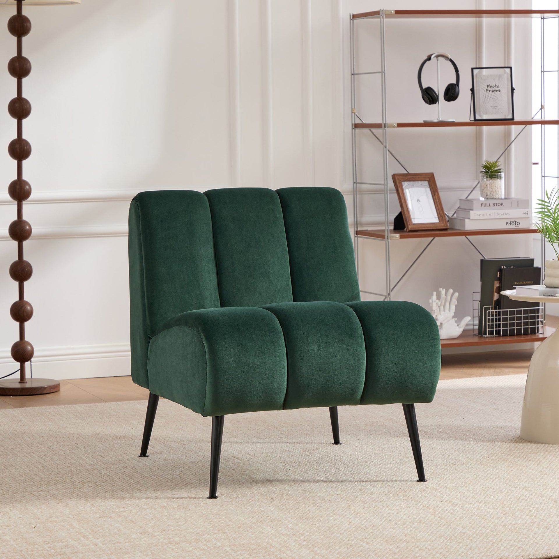 Modern Green Velvet Armless Accent Chair with Black Metal Legs