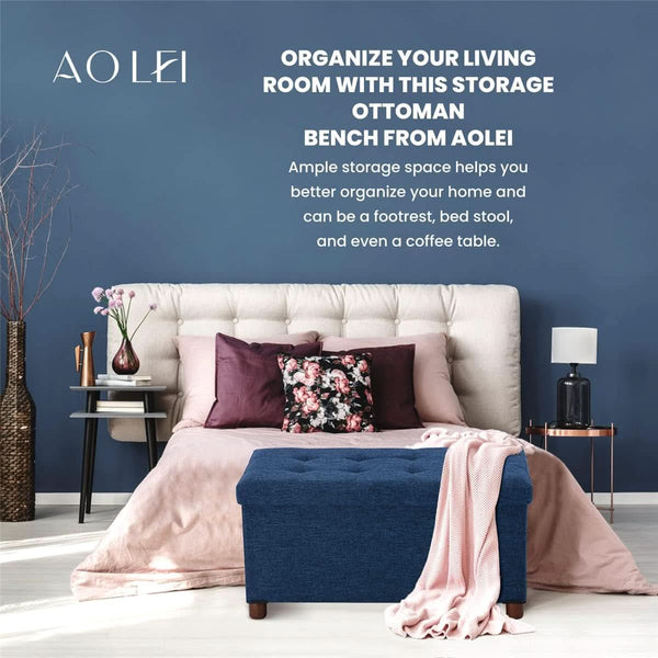 Blue Linen 30-Inch Storage Ottoman Bench Removable Lid