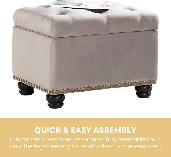 24 Inch Velvet Textured Light Taupe Storage Ottoman