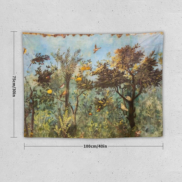 ANTIQUE ROMAN WALL PAINTING Flower Garden Flying Birds ,Quince And Apple Trees Tapestry