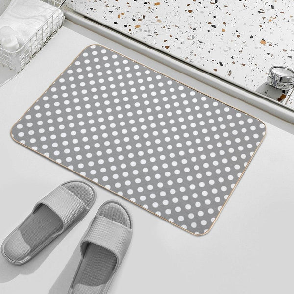 White Polka Dots on Gray Background Bath Mat