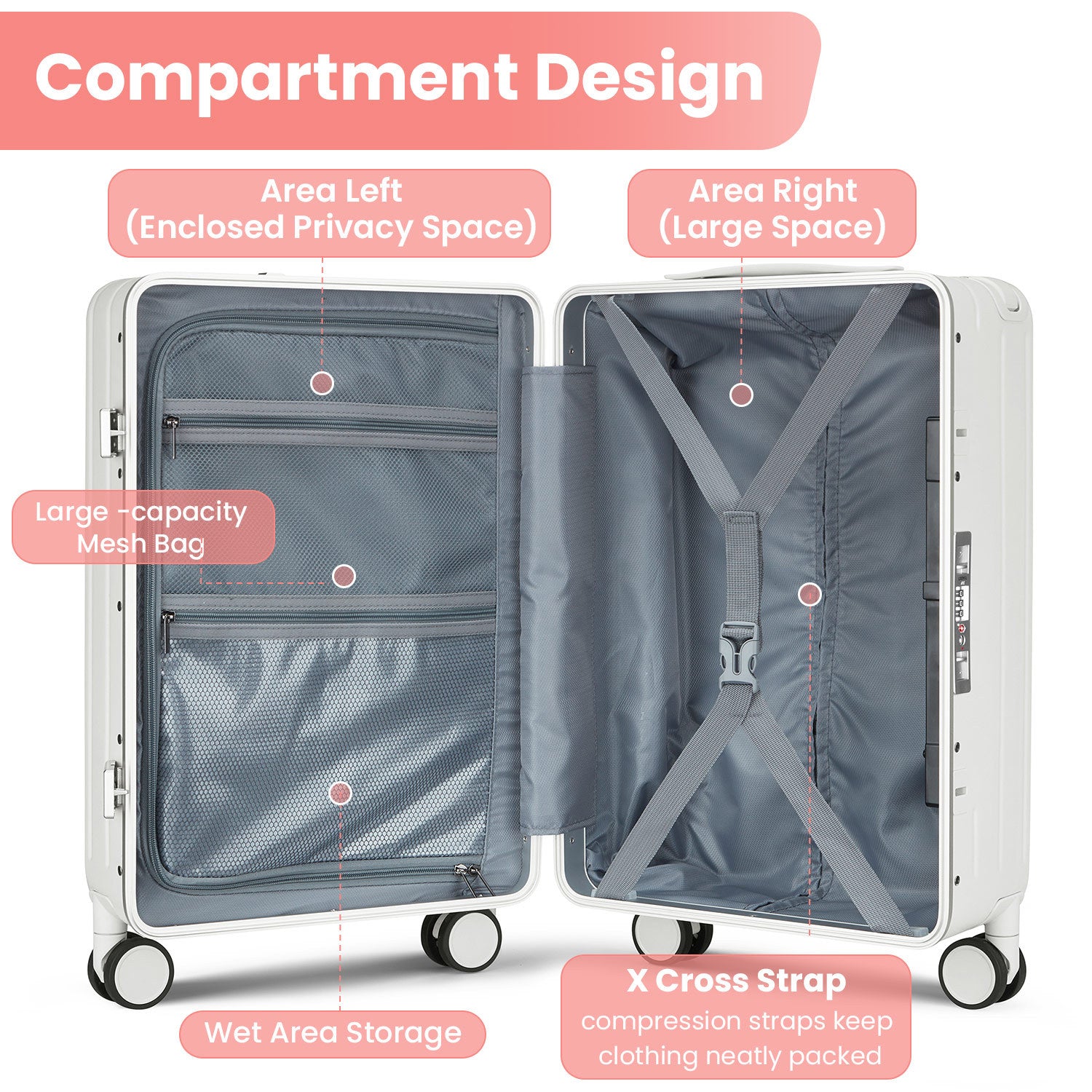 Aluminum Frame 20 Inch with Front Open Carry-on Luggage, PC Hard Shell Suitcase, Bounce Wide Handle Pull Rod Luggage with 360°Double Wheels, Built-In TSA Lock, Airline Approved Suitcase for Business