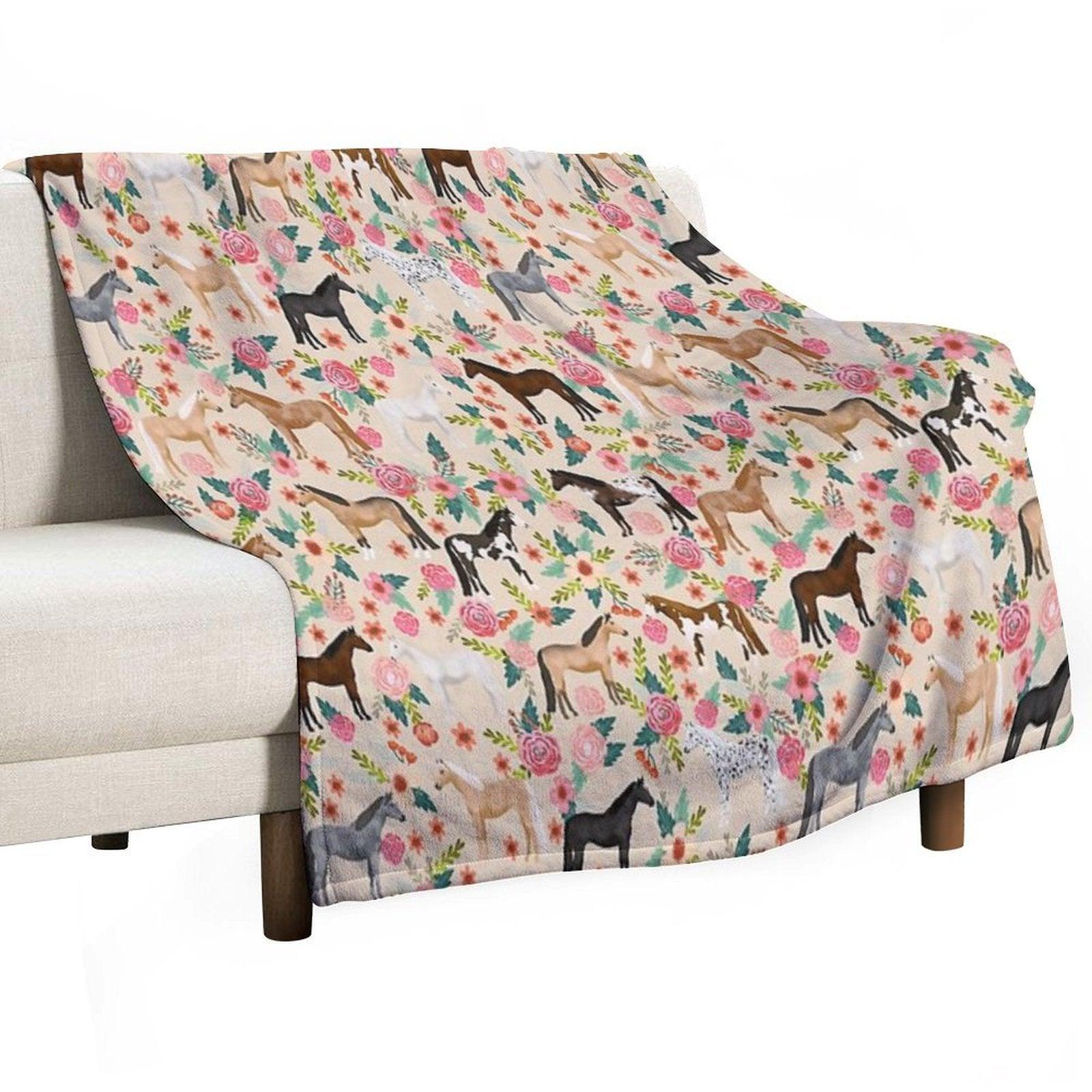 Horses Floral Horse Breeds Farm Animal Pets Throw Blanket
