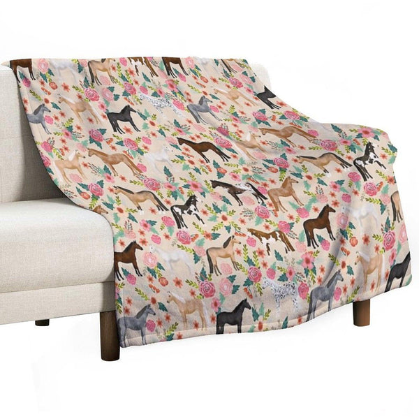 Horses Floral Horse Breeds Farm Animal Pets Throw Blanket