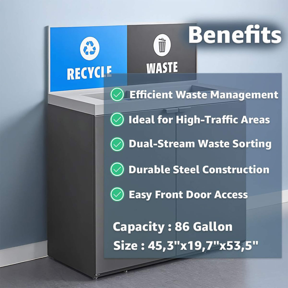 86-Gallon Heavy-Duty Commercial Steel Two-Stream Trash Can Cabinet With Panel (SAK73108)