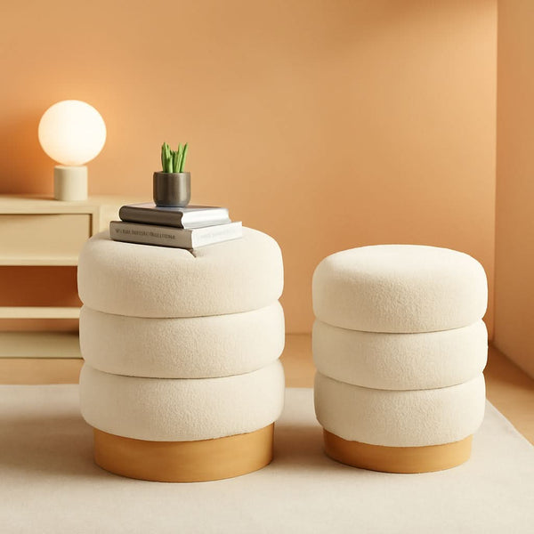 Cream Tufted Sherpa Ottoman Footstool Round Cushion