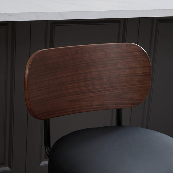 Black PU Leather and Walnut Bentwood Swivel Bar Stool Set
