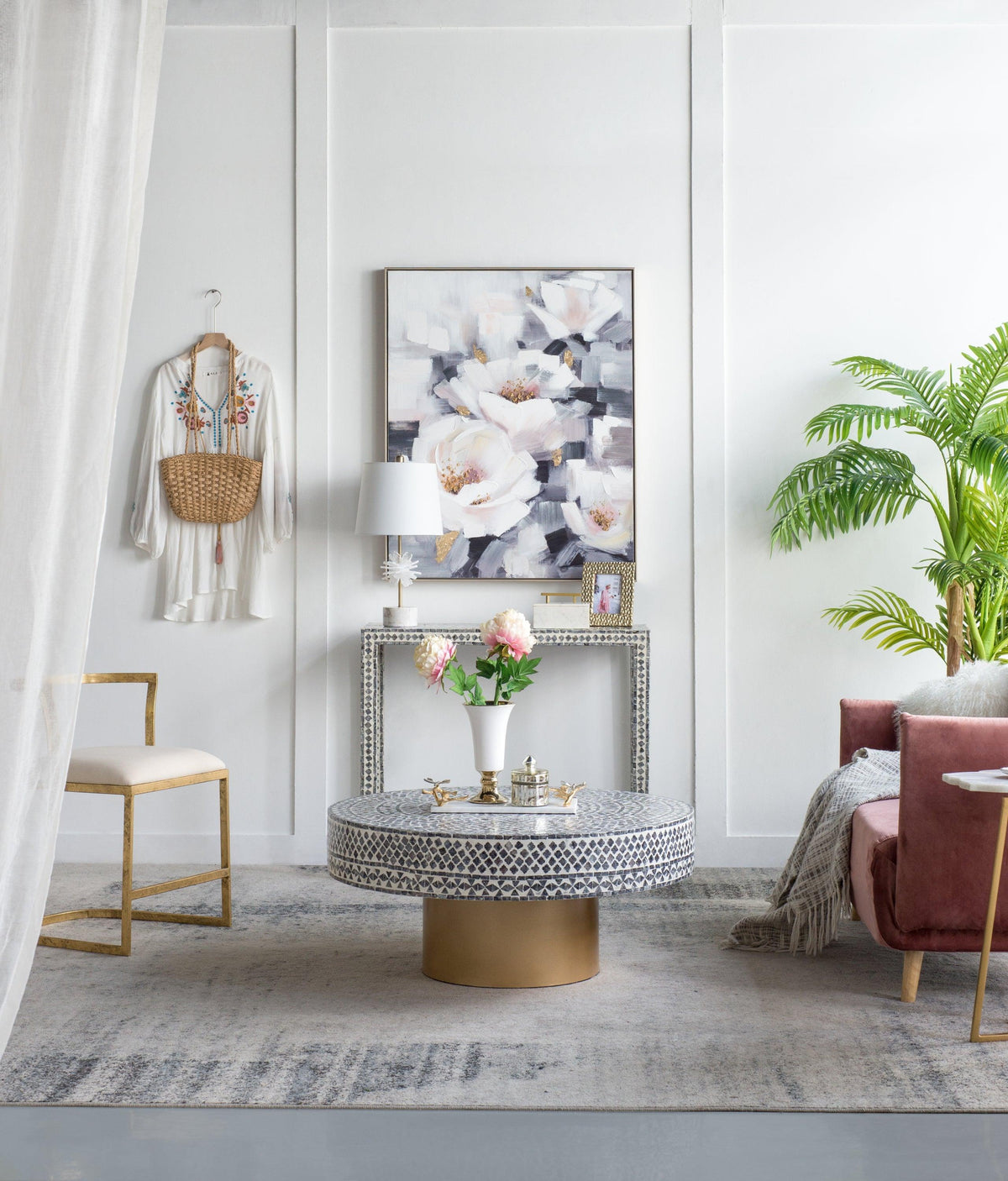 Modern Boho Round Capiz Coffee Table with