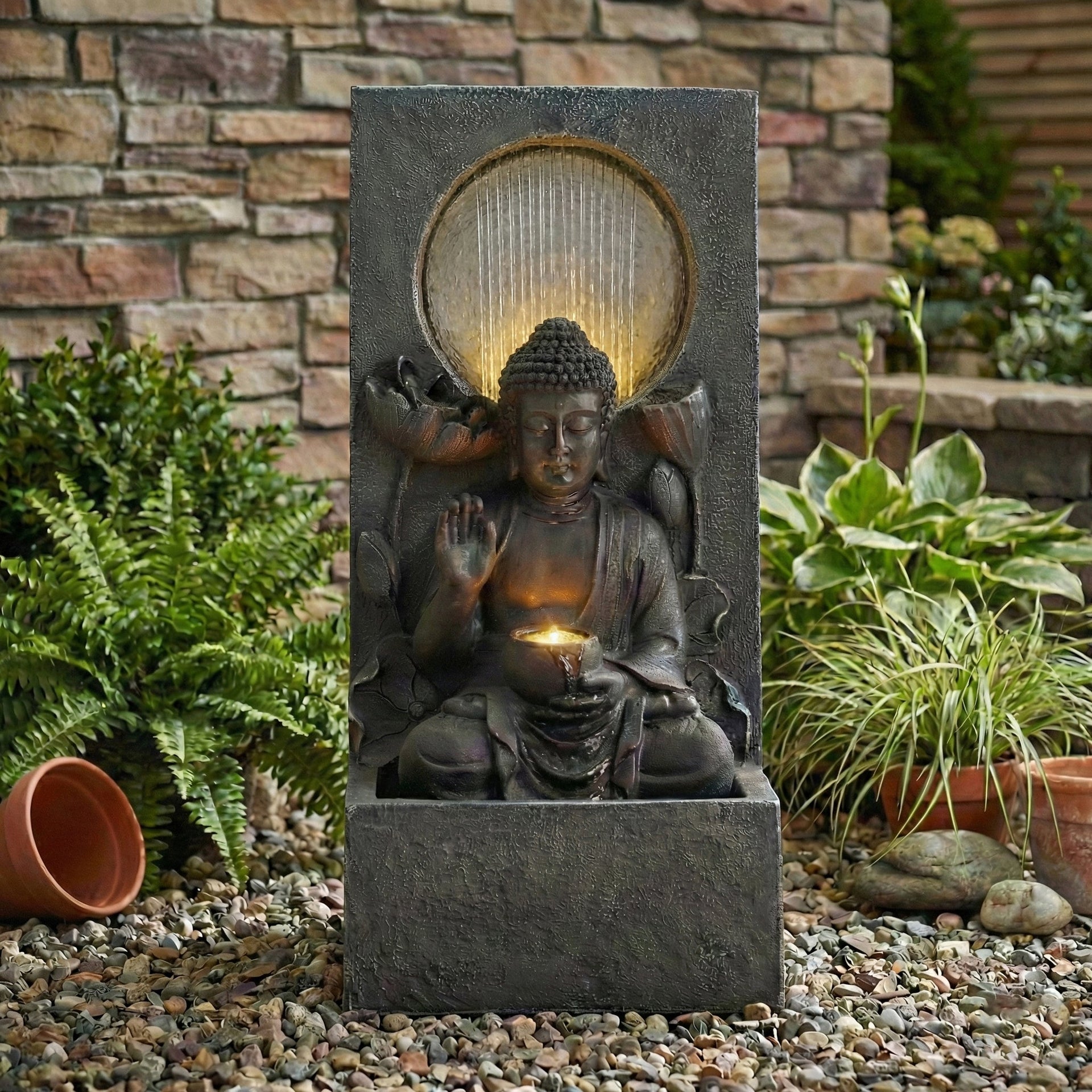 Resin Buddha Wall Panel Outdoor Fountain 28 Inch LED