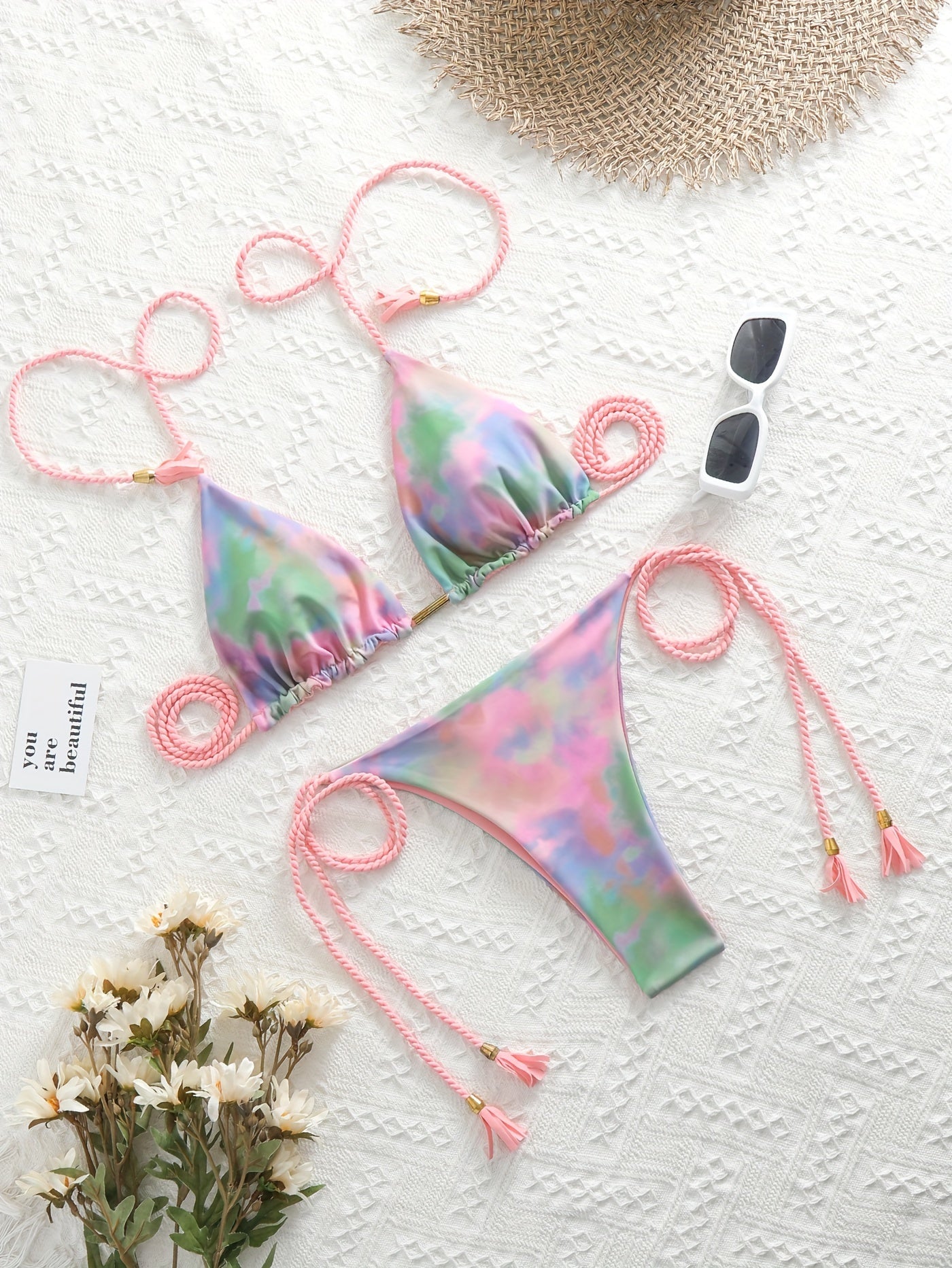 New Festival Flame Halter Bikini Set for Women – Triangle V-Neck Backless Two-Piece Swimsuit with Tie Side Bottoms & Adjustable Lace-Up Fit – Sleek Polyamide Swimwear for Koningsdag/King’s Day & Summer Beach Celebrations