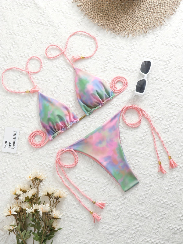 New Festival Flame Halter Bikini Set for Women – Triangle V-Neck Backless Two-Piece Swimsuit with Tie Side Bottoms & Adjustable Lace-Up Fit – Sleek Polyamide Swimwear for Koningsdag/King’s Day & Summer Beach Celebrations