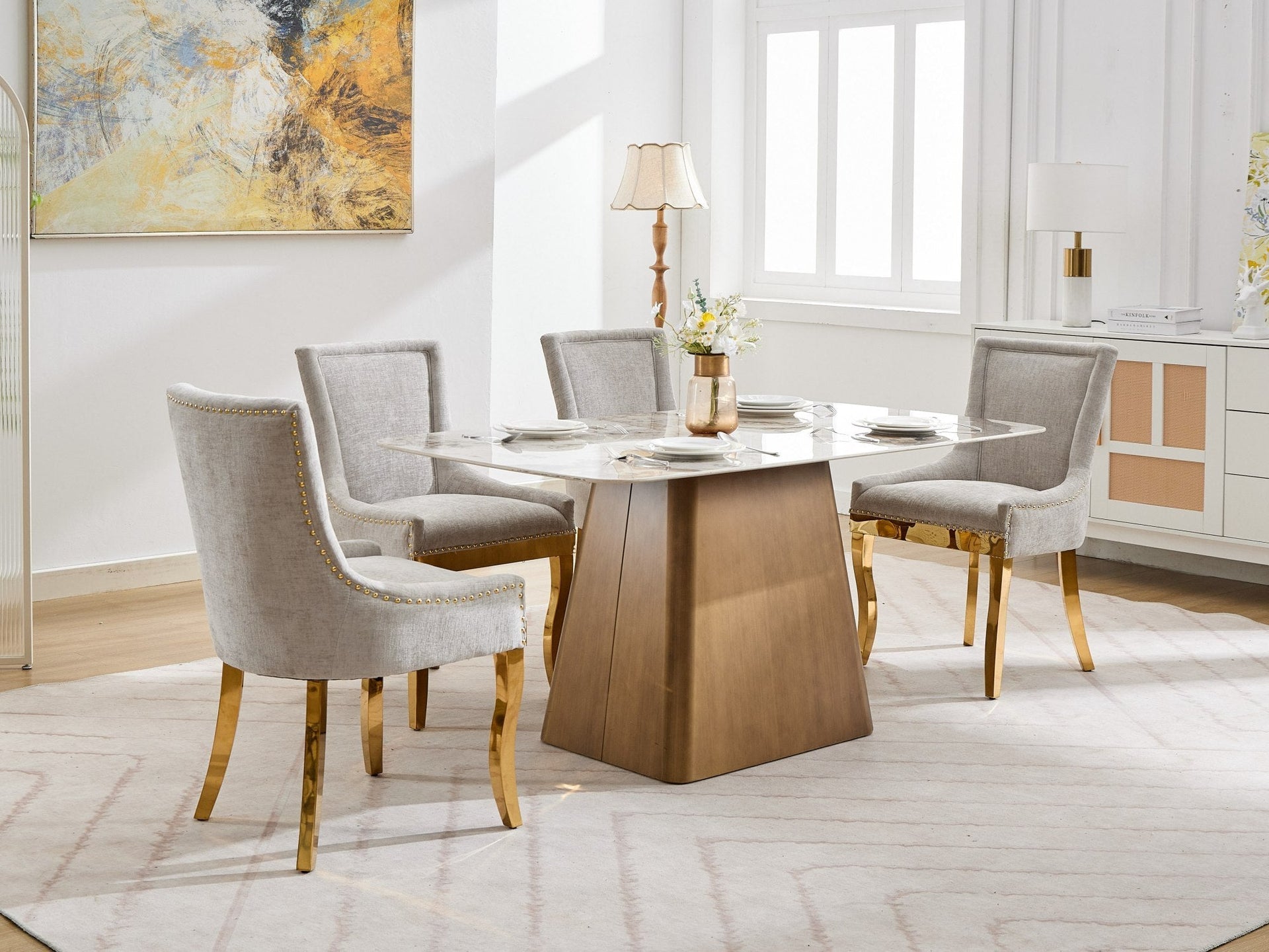 Chenille Dining Chairs Modern Style with Curved Gold-Plated Legs & Rivet Trim