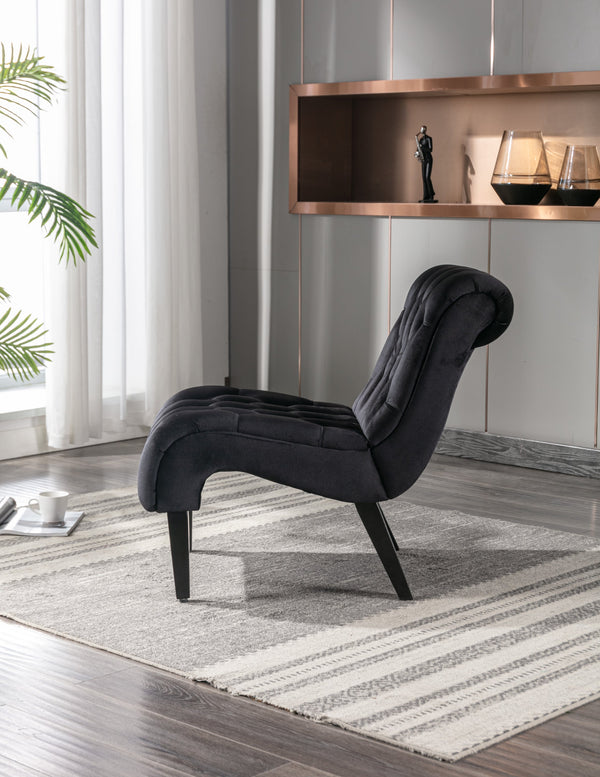 Modern Velvet Armless Accent Chair — Upholstered Button Fabric with Wooden Legs