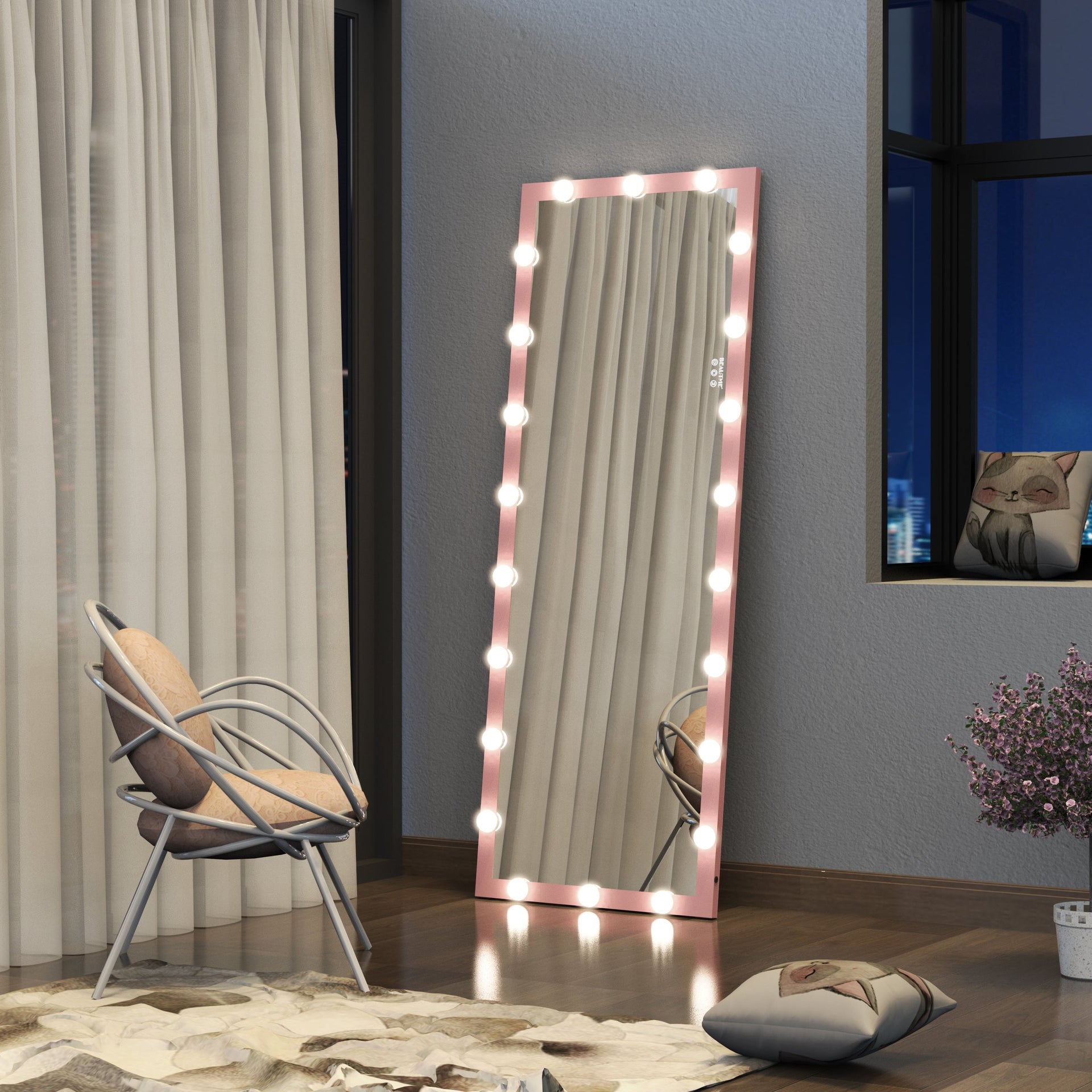 62.6-inch x 23.3-inch pink Hollywood illuminated full body vanity mirror with 3 color modesstanding floor mirror touch control