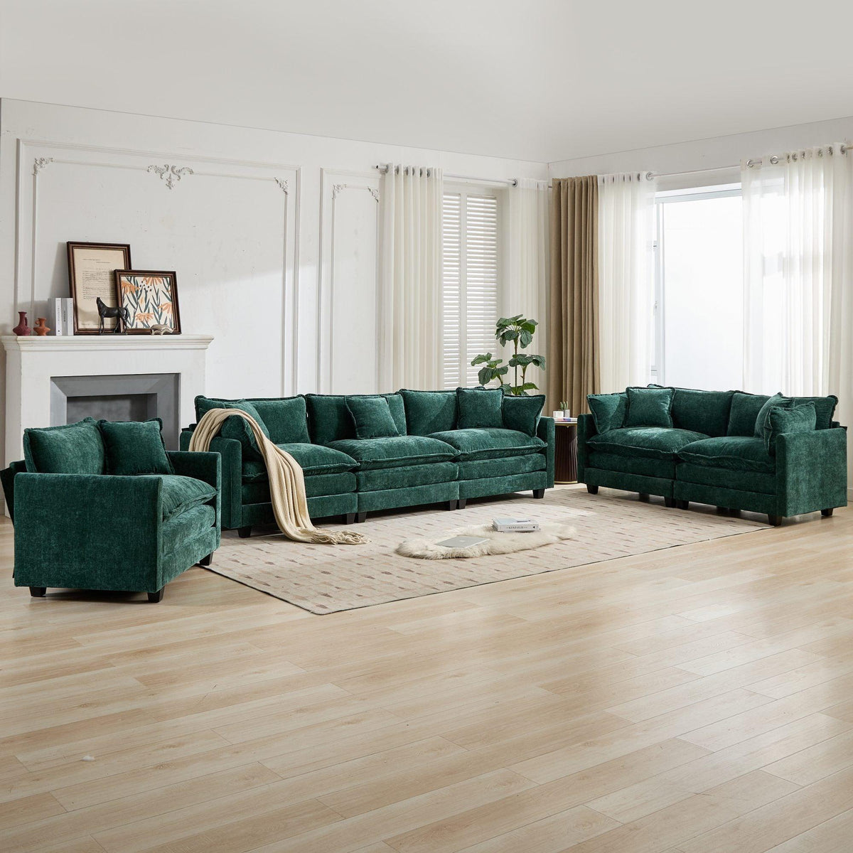 Cloud 3 Seats Sofa (Ottoman is not included) Chenille Fabric in Green