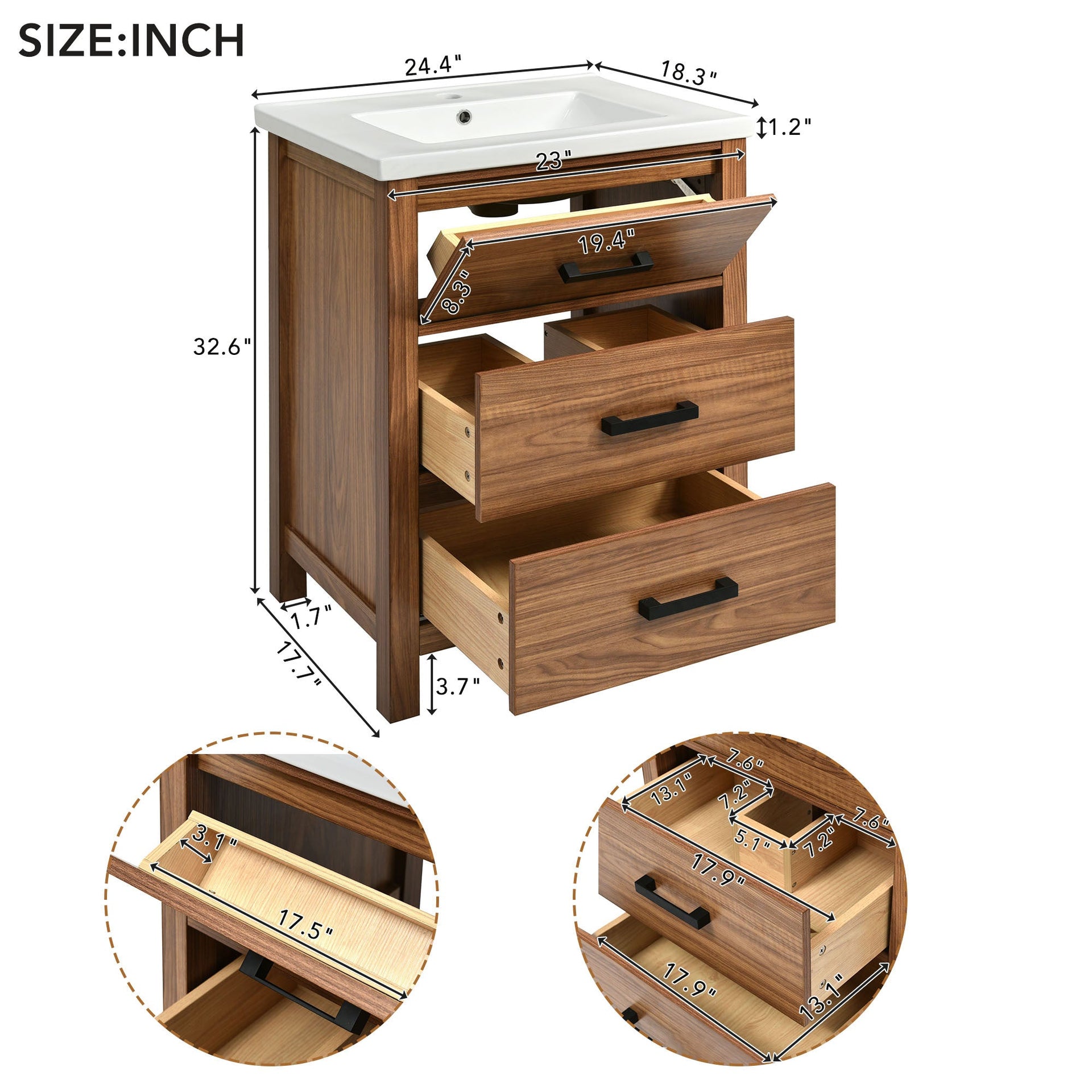 24'' Bathroom Vanity with Ceramic Basin Sink, Modern Bathroom Storage Cabinet with 3 Drawers, Freestanding Bathroom Vanity Cabinet with Single Sink (Same as SW000108AAP)