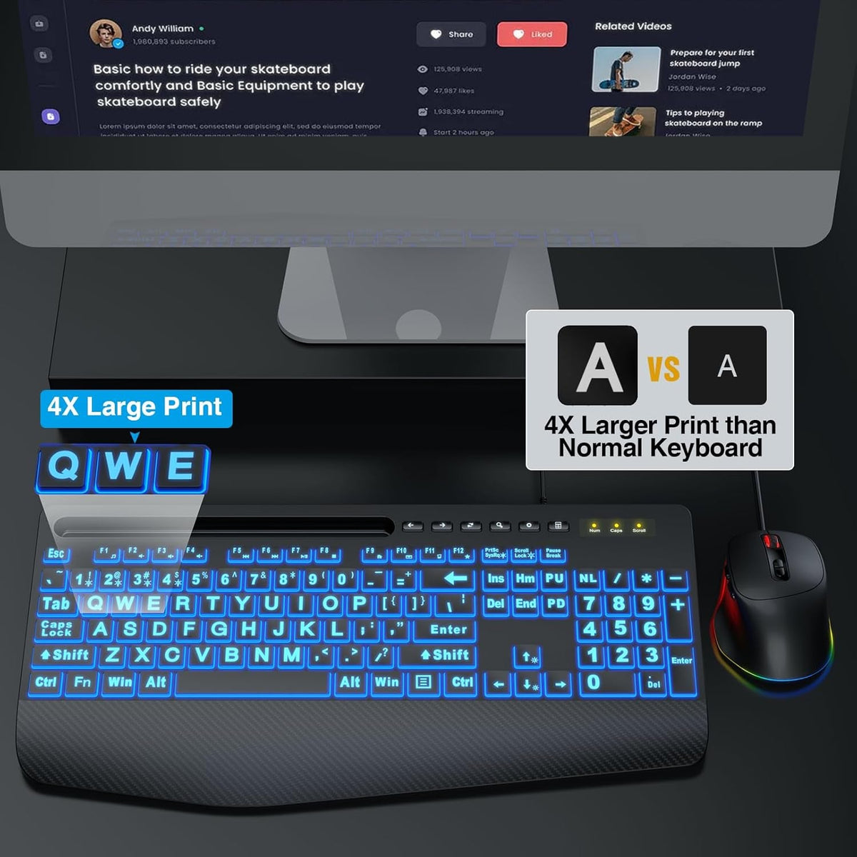 Wired Keyboard Mouse Combo – Large Print Backlit with Ergonomic Wrist Rest & 6-DPI RGB Mouse