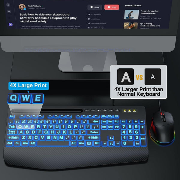 Wired Keyboard Mouse Combo – Large Print Backlit with Ergonomic Wrist Rest & 6-DPI RGB Mouse