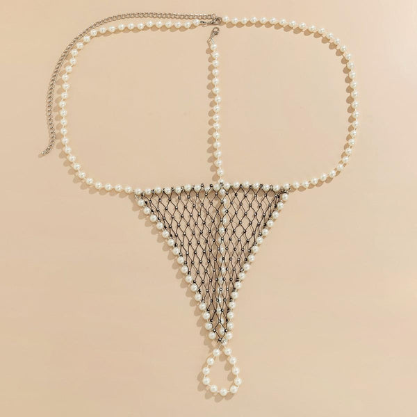 Women's sexy and simple imitation pearl woven chest chain set, new creative fishing net waist chain