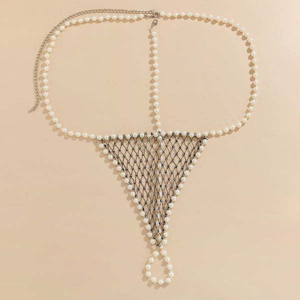 Women's sexy and simple imitation pearl woven chest chain set, new creative fishing net waist chain