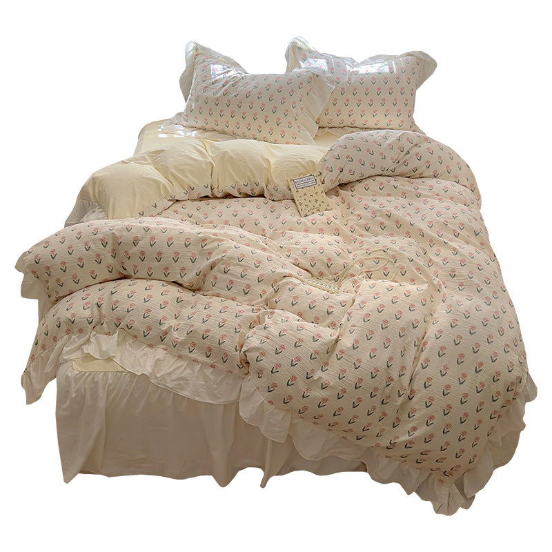 Skin friendly French romantic lace washed cotton printed bed bedding skirt four piece set of bed sheets bedsheet