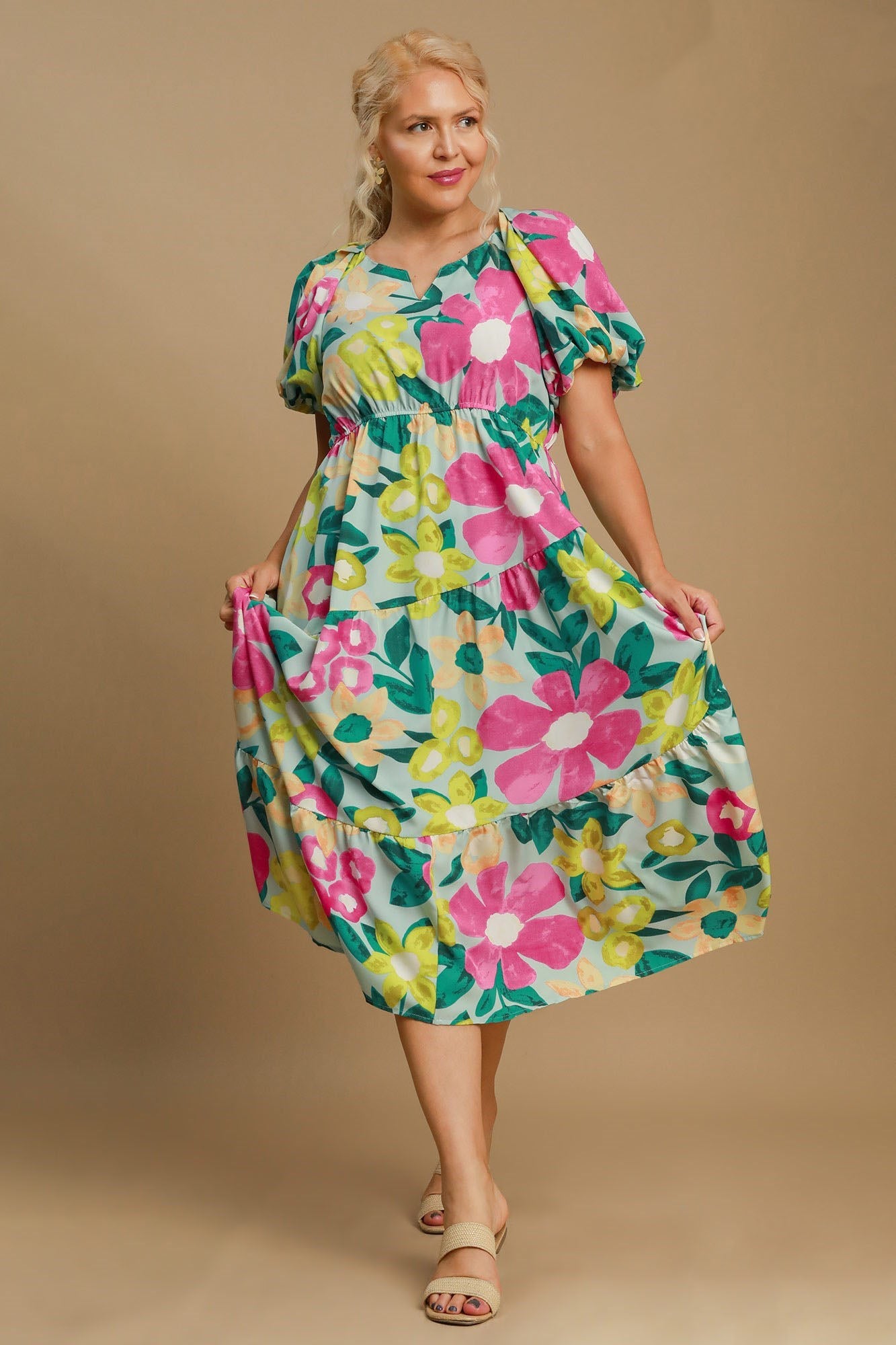 Colorful Full Size Floral Print Puff Sleeve Midi Dress Plus Size Elegant & Feminine Romantic Long Dress